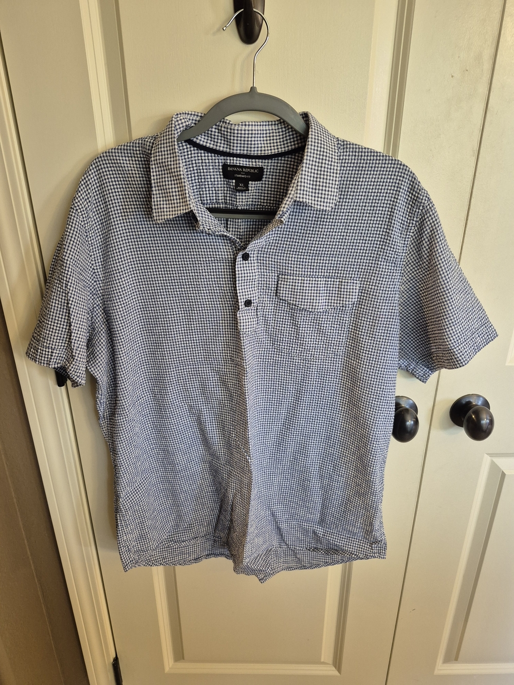 Banana Republic Navy and White Gingham Short-Sleeve Polo